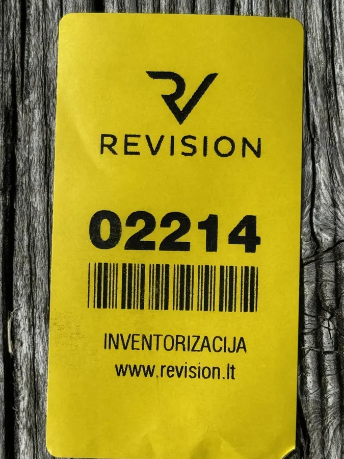 Geltona REVISION lokacijos etiketė su numeriu 02214 ir barkodu