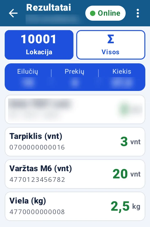 Koncepcija: rezultatai pagal lokacijas naujoje skenerio programėlėje, pavyzdiniai duomenys